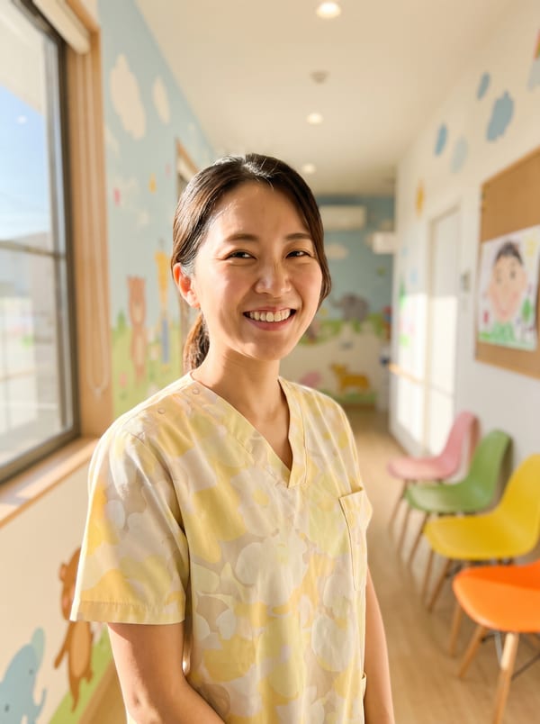 Hana Ito, dental hygienist, in soft yellow and cream scrubs