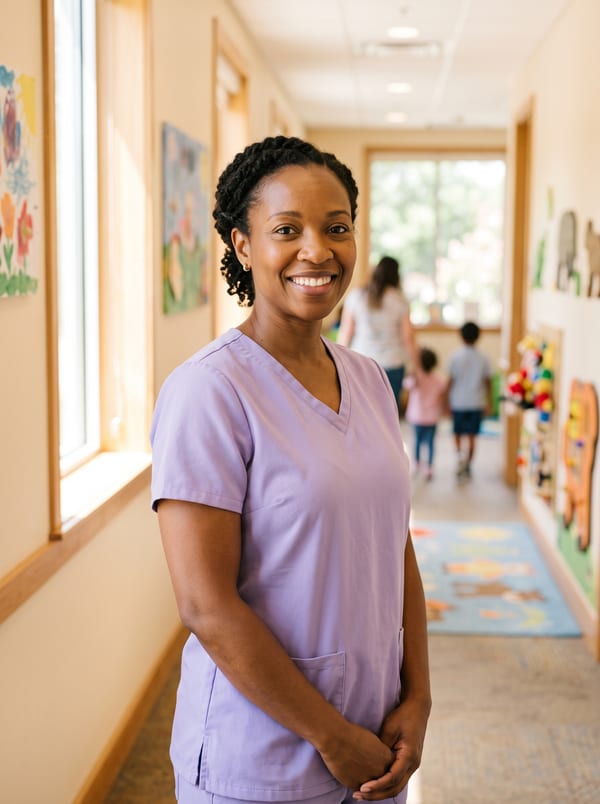 Dr. Maya Okafor in lavender scrubs in the bright Thistlewood corridor