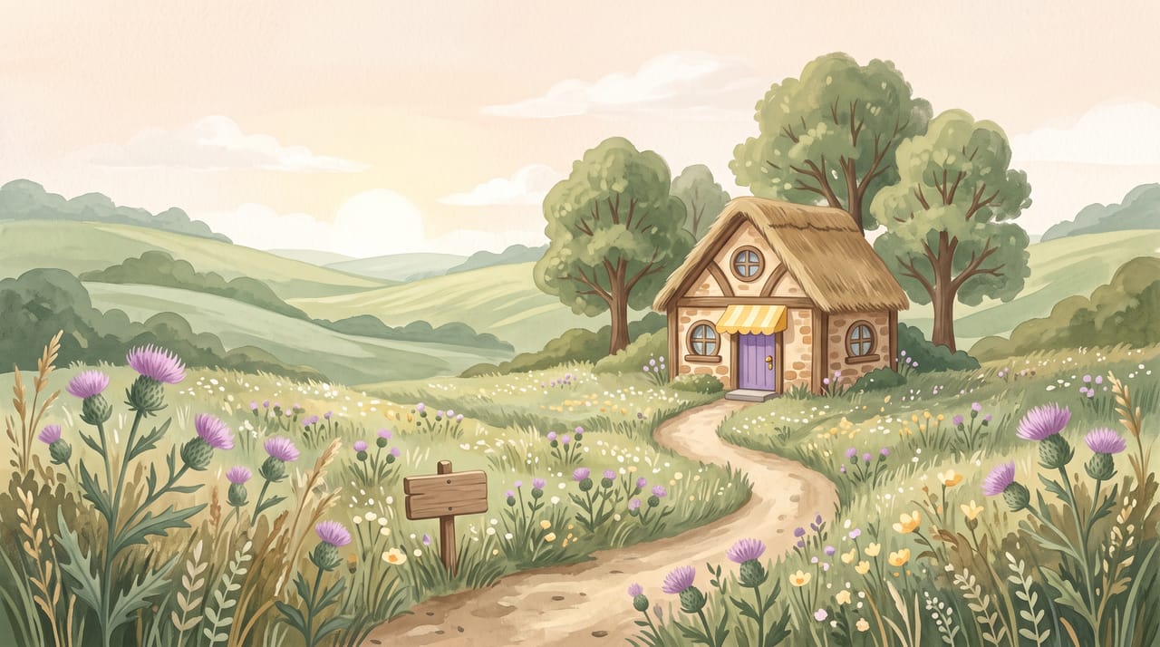 A winding path through a thistle meadow to a cosy clinic cottage with a purple door