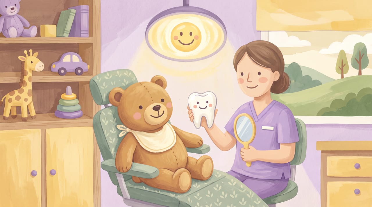 A teddy bear in a child-sized dental chair while a kind dentist shows a big tooth model and a small mirror
