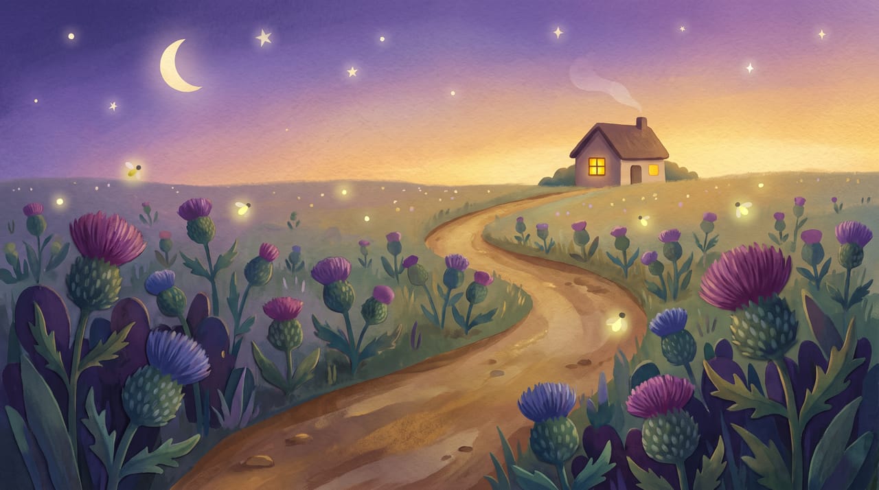The thistle meadow path at dusk with a crescent moon, first stars and fireflies