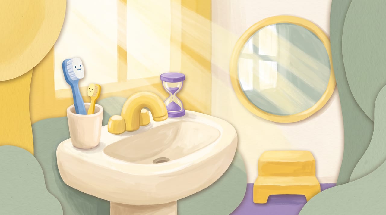 A bright bathroom sink with toothbrushes, a sand timer and sunlight