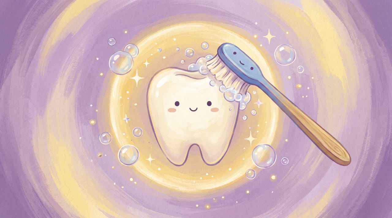 A friendly clean tooth character being polished, with bubbles, stars and a big cartoon toothbrush