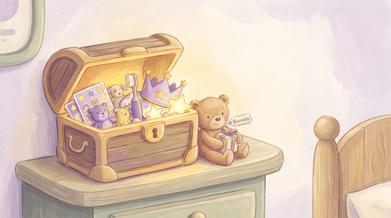 An open treasure chest of stickers, toy crowns and toothbrushes glowing beside a teddy bear