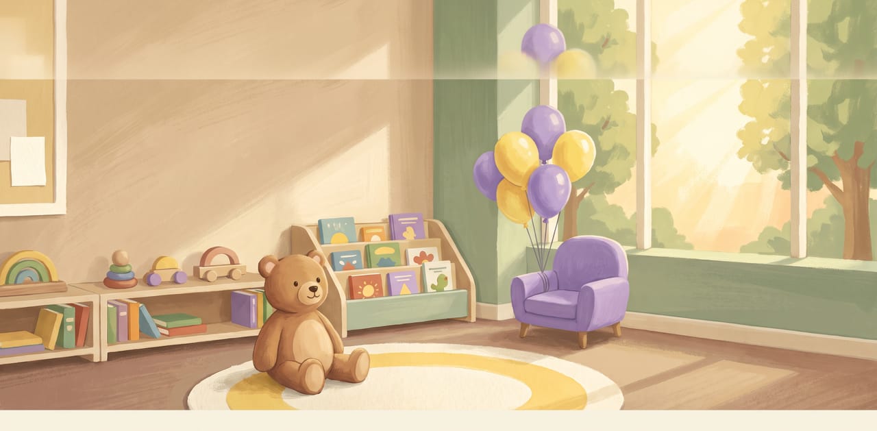 A cosy waiting room with toys, picture books, a round rug and a purple armchair
